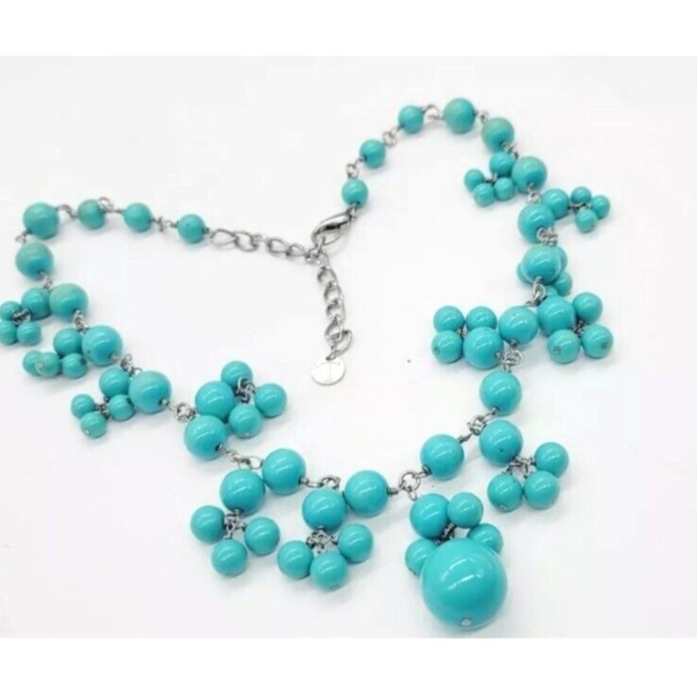 TALBOTS Necklace Turquoise color Beaded Cluster Dangle Silver tone Statement 22"
